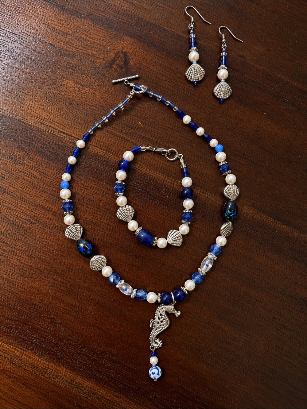 Blue Seahorse w/ silver accents set, including necklace, bracelet and earrings